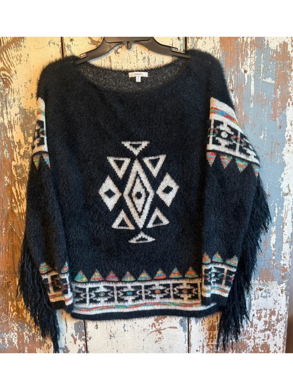 Jodifl Aztec Women's Eyelash Sweater Black Fringe Western size Medium